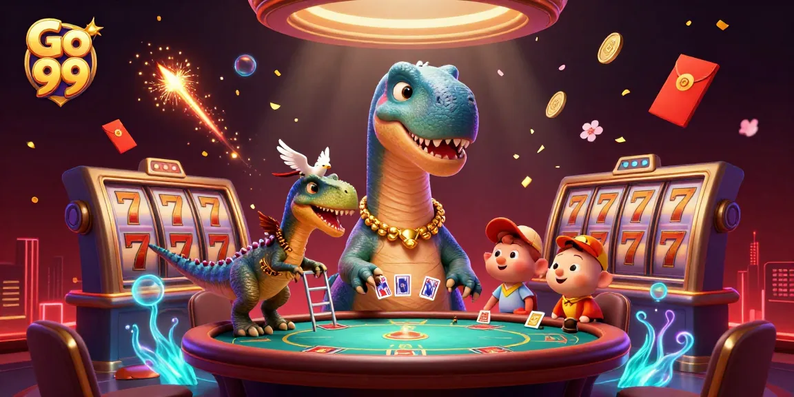 Play slot games at Go 99, where a brontosaurus towers over a poker table.