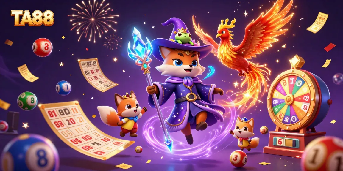 TA88 casino scene featuring a wizard fox, phoenix, and colorful lottery elements, emphasizing excitement.