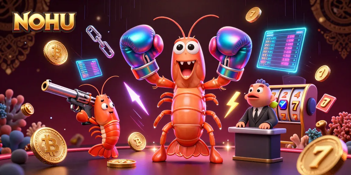 Experience thrilling gaming action at NOHU with vibrant casino characters and crypto elements.