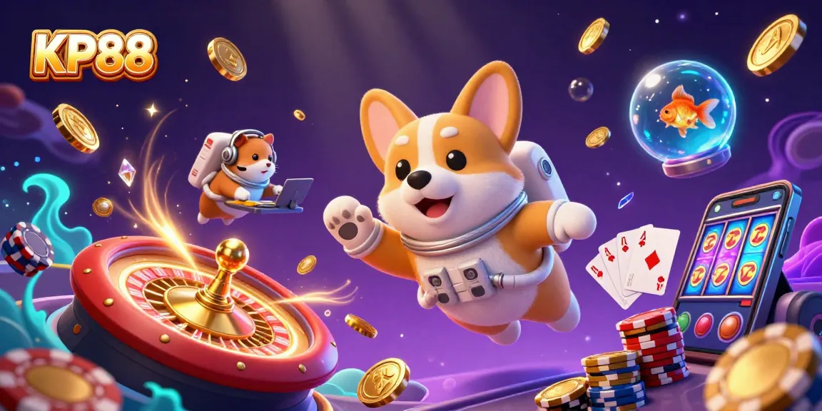 Experience the fun of KP88 online gaming with a vibrant 3D illustration showing a casino atmosphere.