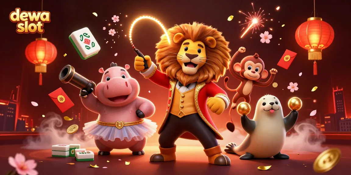 Experience the thrill of dewa slot with vibrant circus characters in a dynamic casino scene.