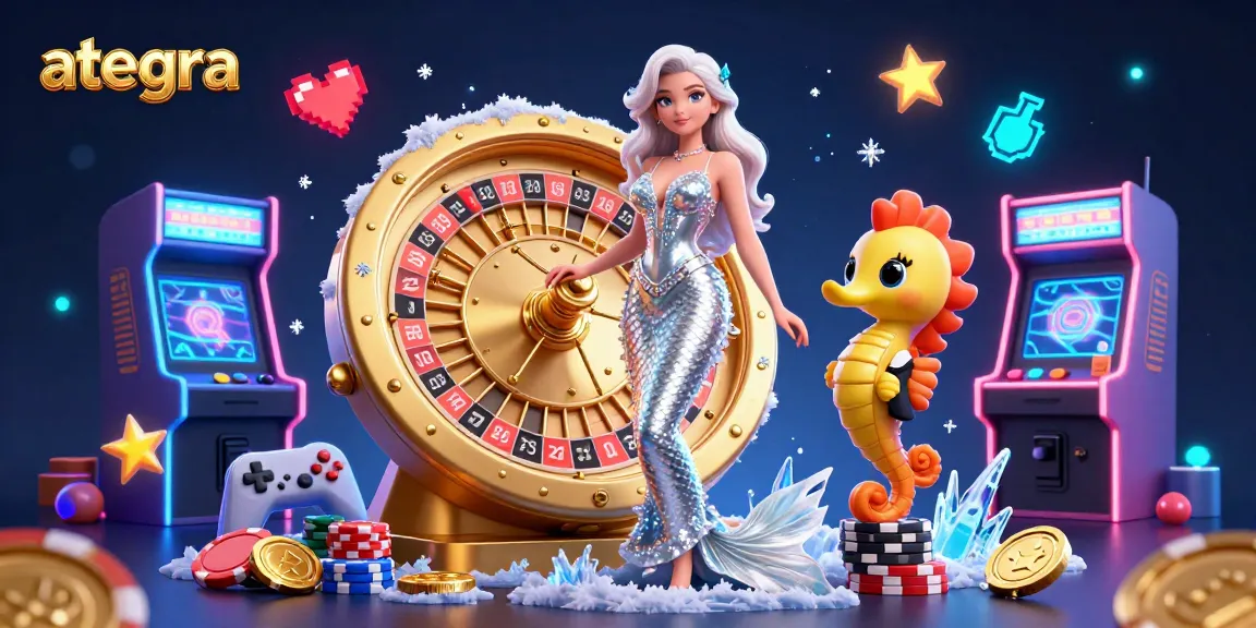 Ategras vibrant casino scene with a stunning mermaid woman and a playful seahorse, showcasing roulette and gaming elements.