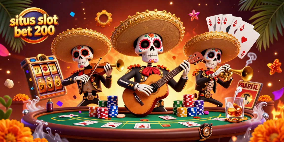 Spin the reels with situs slot bet 200 at this vibrant Day of the Dead themed casino illustration.