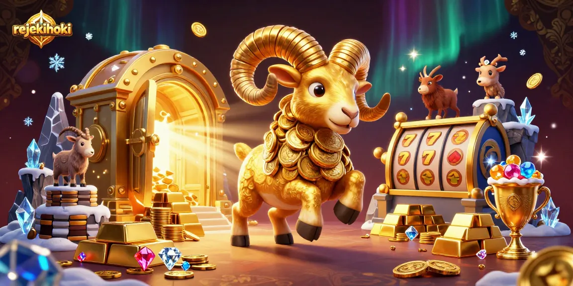 Rejekihoki welcoming you to vibrant slot gaming with a golden ram and treasure.