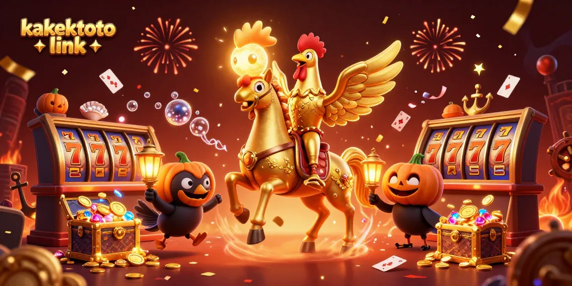 Engage with the kakektoto link amidst a vibrant casino scene featuring a golden rooster, slot reels, and festive elements.