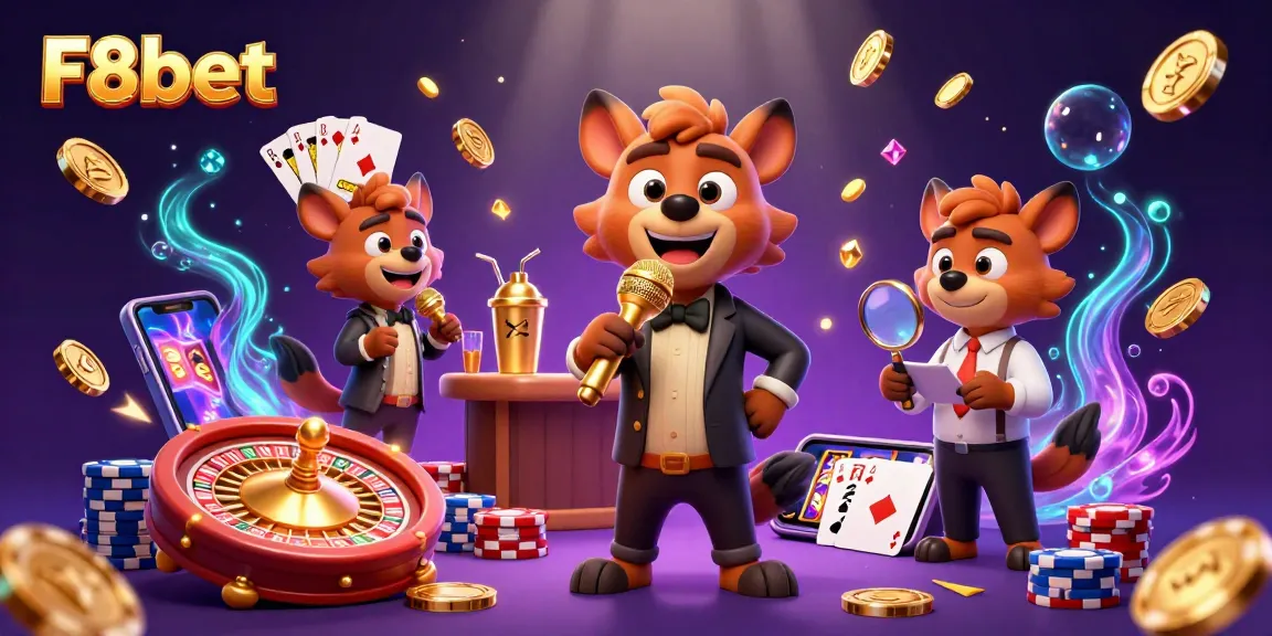Join F8bet in a lively casino scene with cartoon hyenas mixing drinks and telling jokes amidst golden coins and game elements.