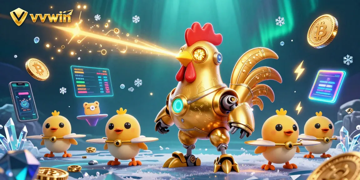 Experience thrilling moments with vvvwin's dynamic gaming visuals featuring a futuristic rooster and crypto excitement.