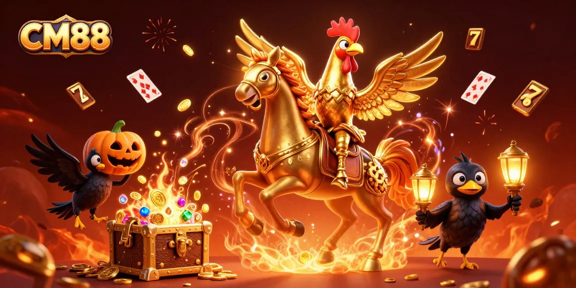 Experience the excitement of CM88 with a vibrant casino scene featuring a golden rooster and treasure elements.