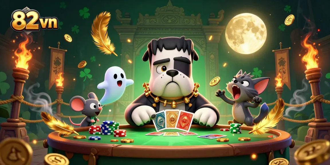 Experience thrilling gaming action at 82 vn with a spooky casino illustration featuring dynamic characters.