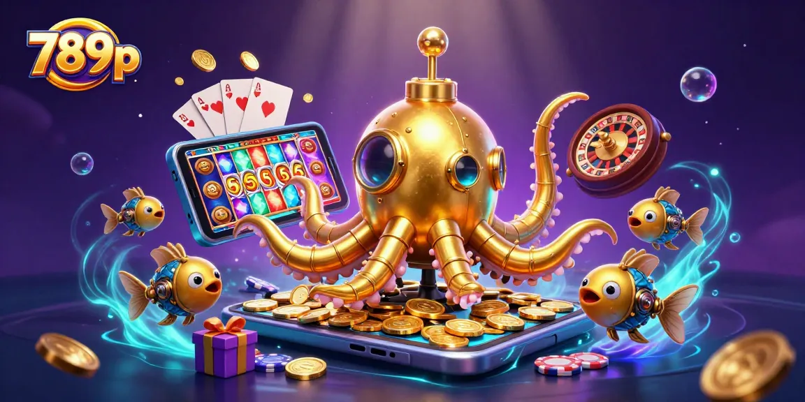 Experience the thrilling atmosphere at 789p as golden coins erupt around a golden kraken submarine, immersed in a gaming adventure.