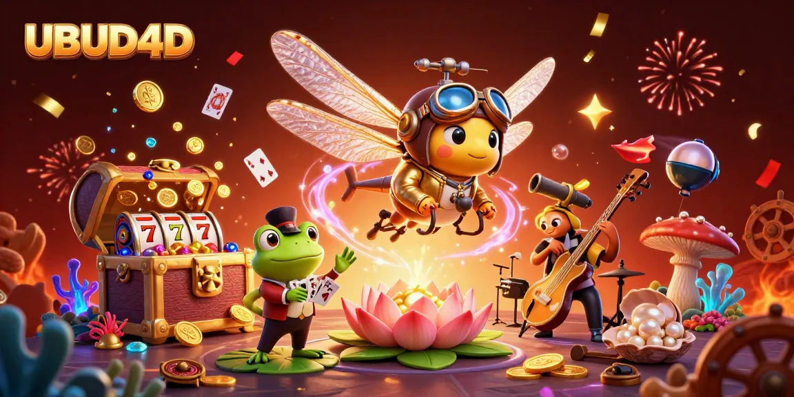 Experience the excitement at UBUD4D with a vibrant casino scene featuring a dragonfly pilot and a frog dealer.