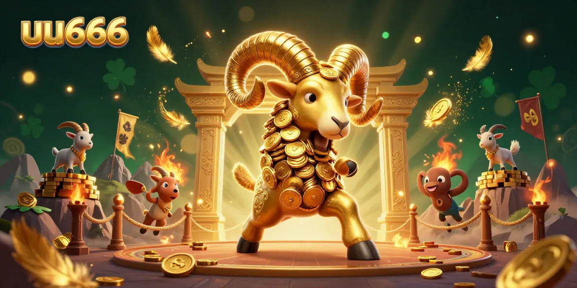 uu666 engages players with a golden ram charging through a casino-themed scene filled with vibrant game elements.