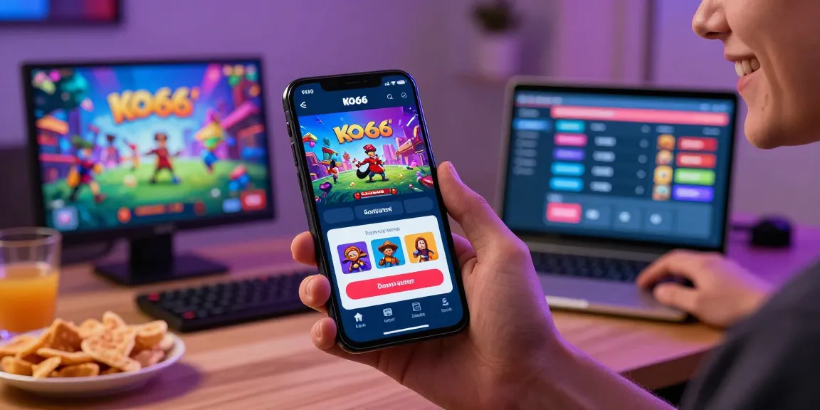 Excited user downloading KO66 app surrounded by vibrant gaming graphics.
