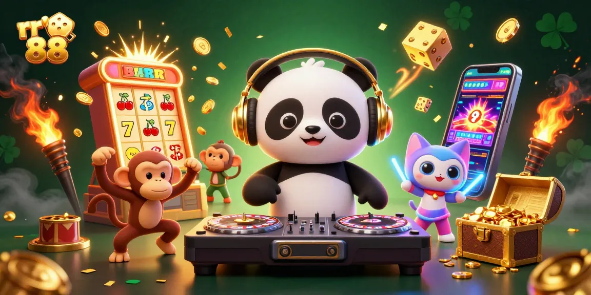 Experience thrilling casino vibes with rr 88 featuring a DJ panda and lucky symbols in a vibrant scene.