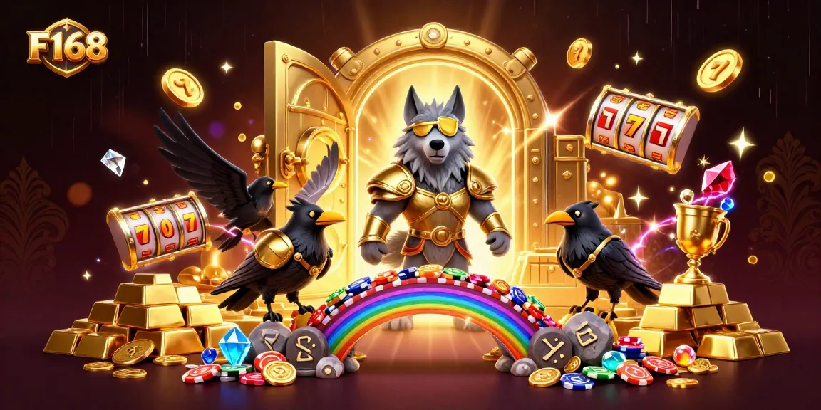 F168 showcases an exciting illustration of a casino scene with characters celebrating winning a jackpot.