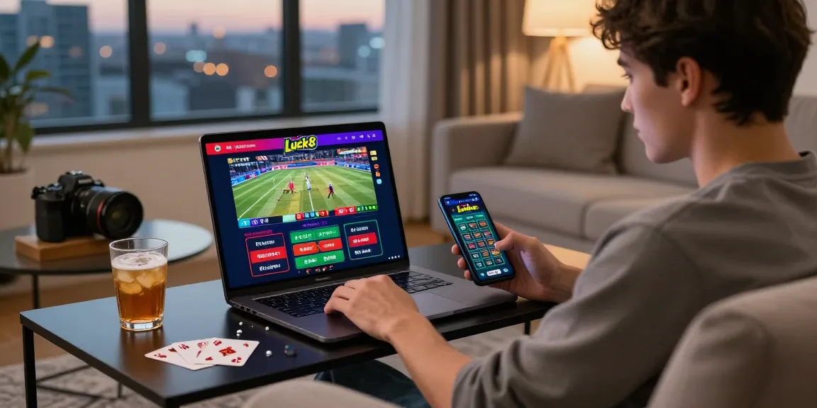 Engaging with Luck8 online casino on a laptop in a cozy living space, showcasing gaming excitement.
