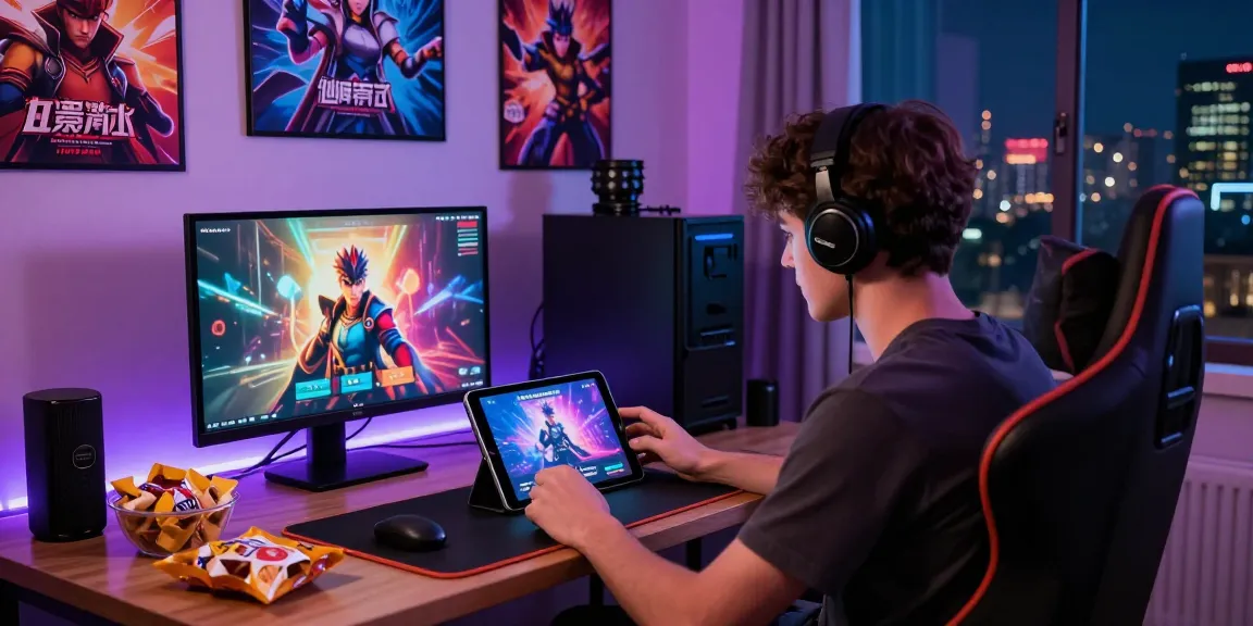 Exciting gaming setup with a male player engaged in an android hentai game on a tablet, colorful posters, and cozy atmosphere.