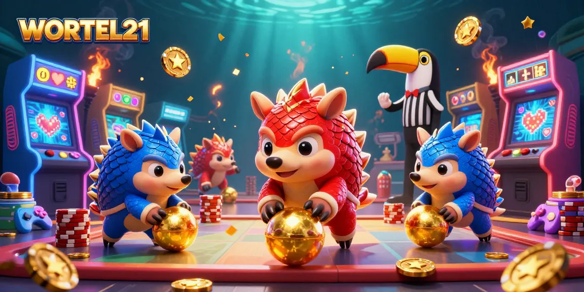 Experience the excitement of WORTEL21 with vibrant pangolin characters in a casino-themed digital art.