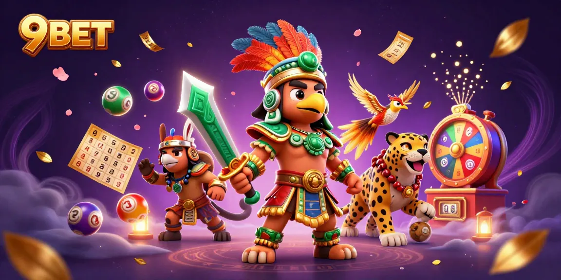 Experience thrilling gameplay with 9BET, featuring Aztec warriors and vibrant lottery elements.
