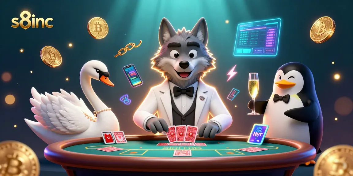Immerse in the world of s8inc with vibrant characters and glowing elements at a baccarat table.