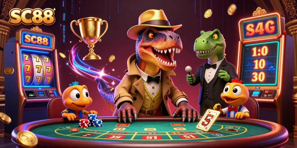Experience SC88's dynamic casino scene with a velociraptor card counter under watchful eyes, bringing thrilling action alive.