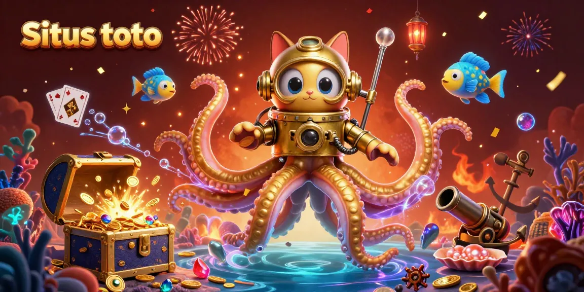 Engage with Situs toto as a colossal kraken and diving cat uncover treasures in an exciting 3D casino scene.