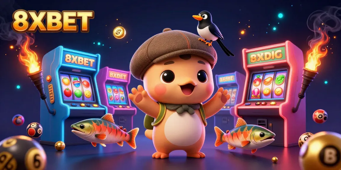 8XBET presents a lively casino scene with Nessie and friends enjoying slot games and colorful prizes.