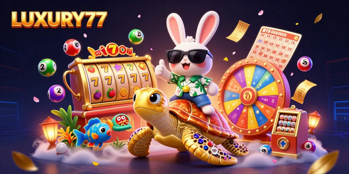 LUXURY77 offers a vibrant casino experience, showcasing a lucky rabbit and golden turtle amid dynamic jackpots and colorful lottery elements.