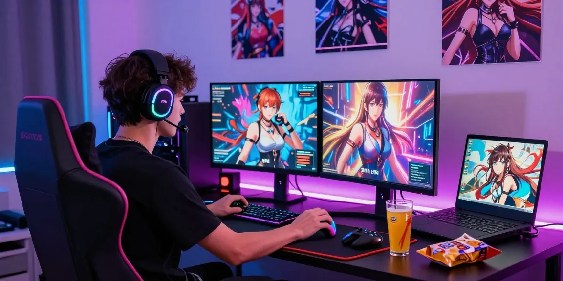 Engaging gamer immersed in hentai games on dual screens with vibrant visuals and gaming accessories.