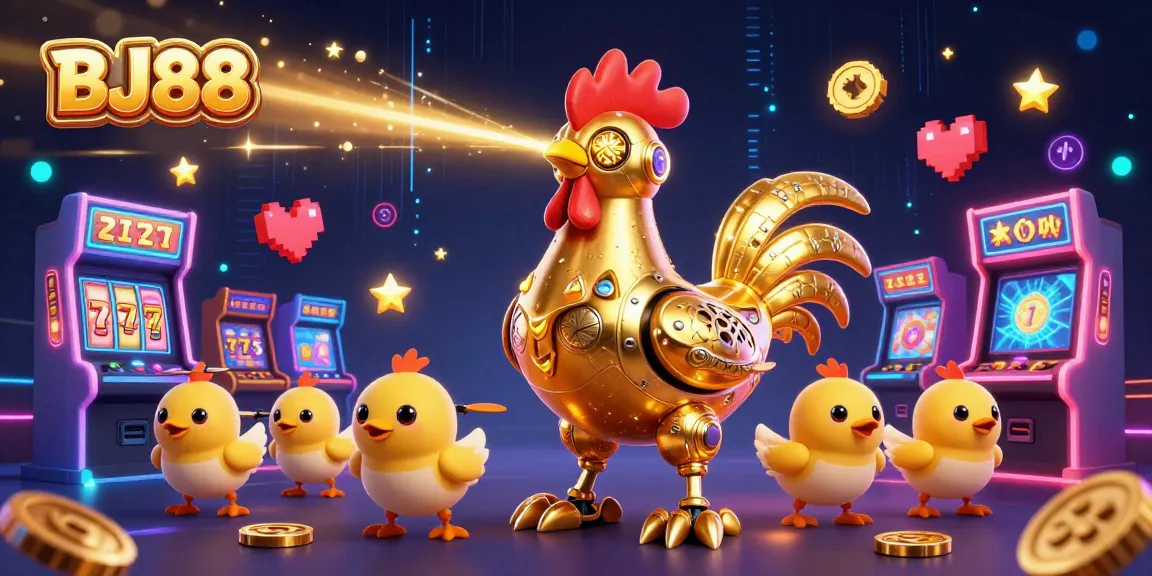 BJ88 revolutionizes gaming with a futuristic golden rooster robot amidst colorful casino elements.