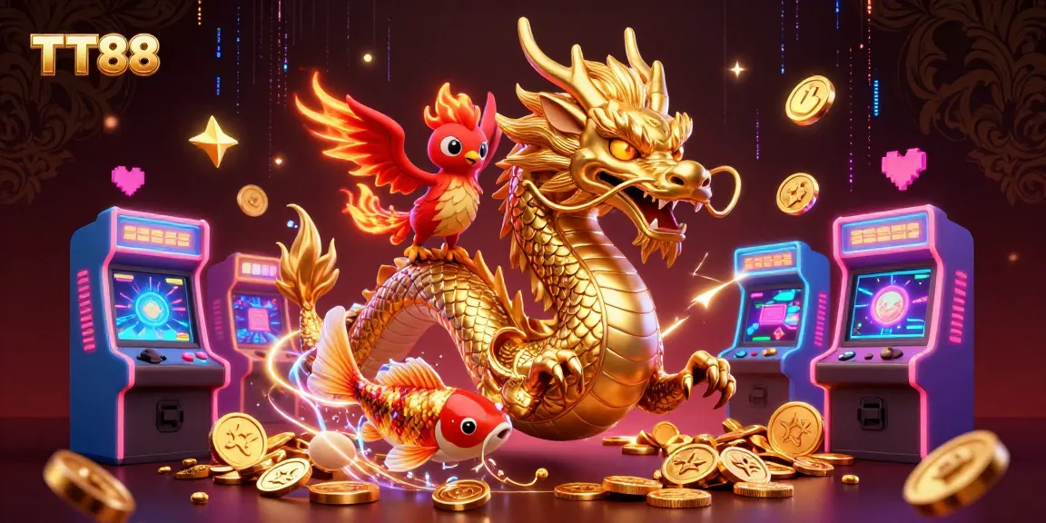Engage with TT88's vibrant arcade and casino scene featuring a dragon, phoenix, and koi fish.