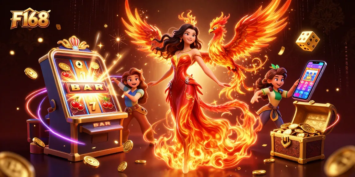 Experience the thrill of F168 with dynamic casino elements and a stunning phoenix backdrop.