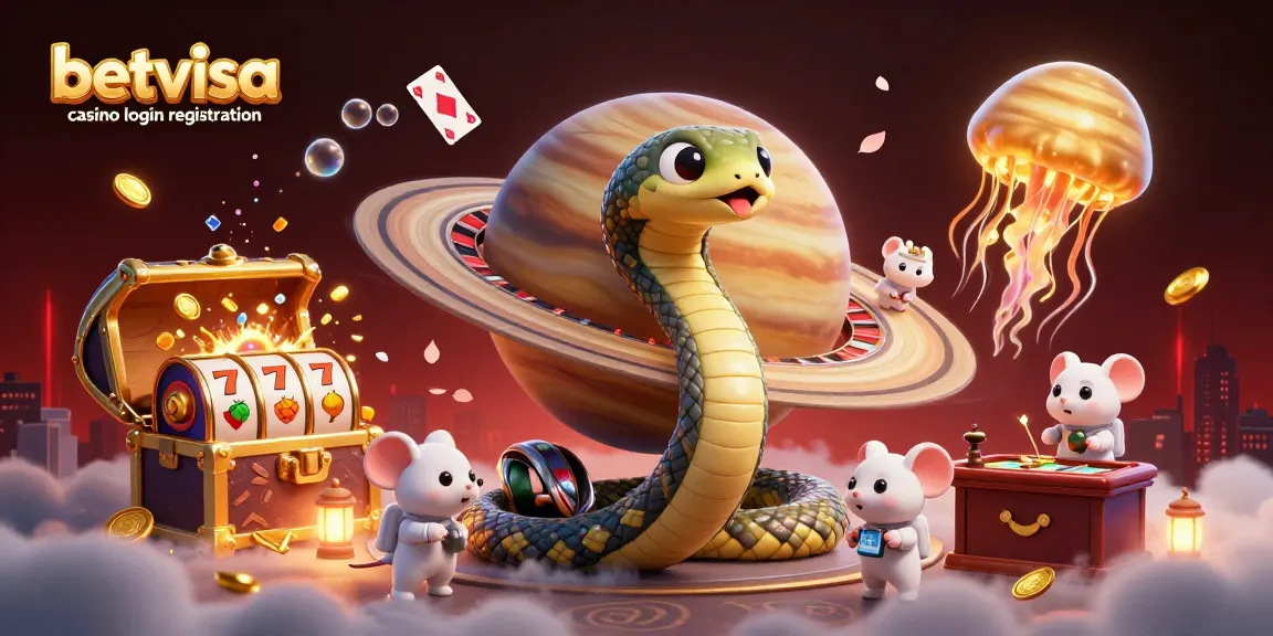 Betvisa casino login registration with 3D cartoon characters placing bets on a cosmic roulette wheel.