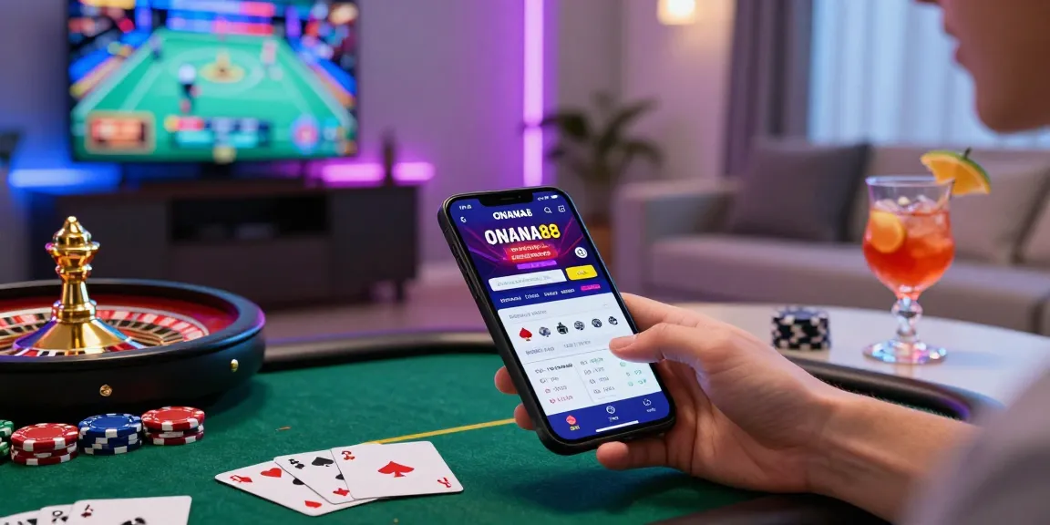 Engaging online gaming atmosphere with ONANA88 platform on mobile device, poker chips, and live betting action.
