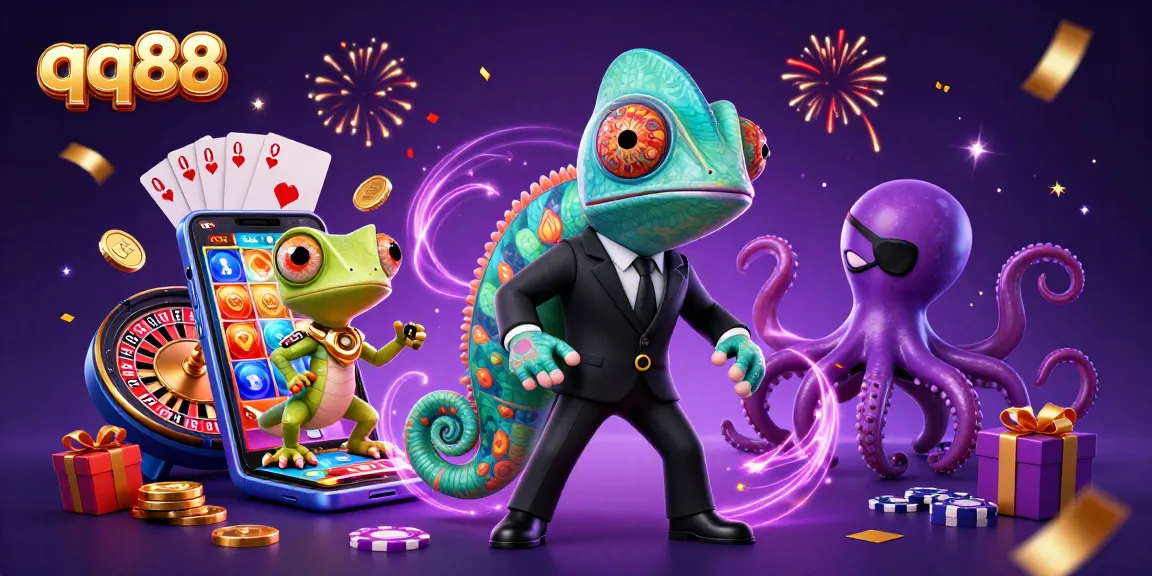 Experience thrilling gameplay at qq88 with a vibrant 3D illustration depicting slot games and dynamic characters.