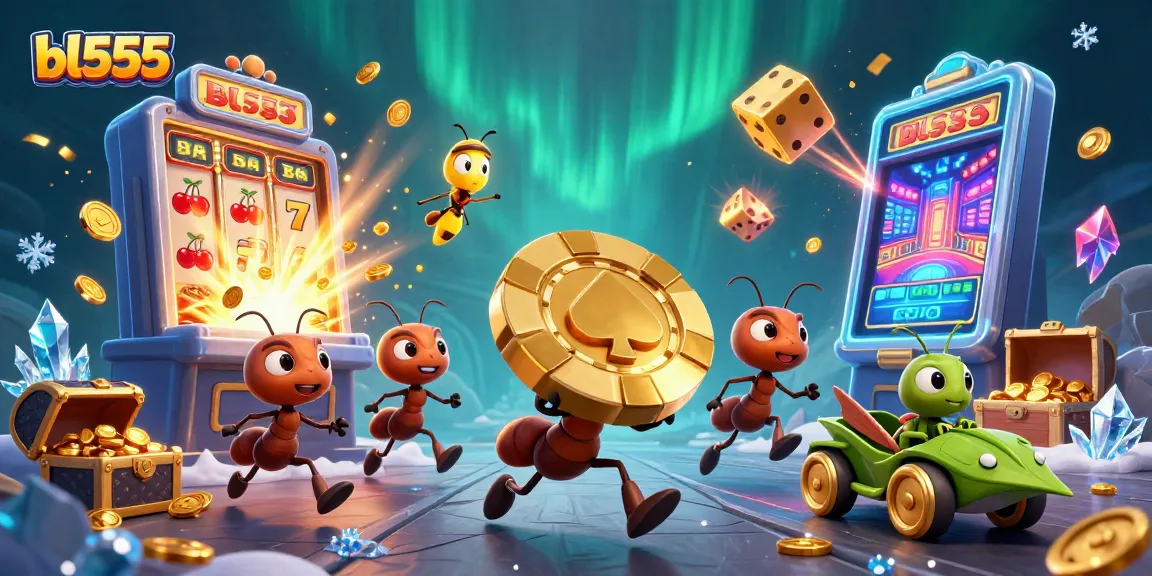 Ants executing a heist with bl555's golden poker chip, surrounded by dynamic casino elements.