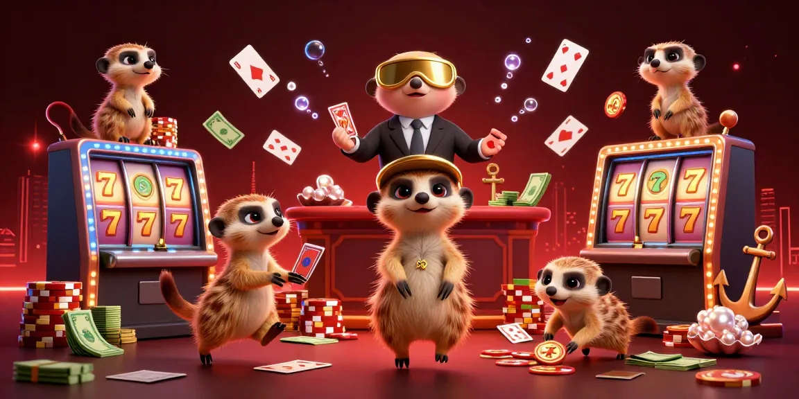 Experience excitement with rejekibet apk in a vibrant casino scene filled with playful meerkats and jackpot symbols.