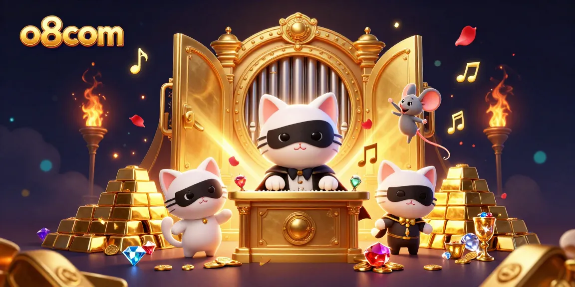 Experience thrill at o8com with 3D phantom cat, acrobat, and treasures in a vibrant casino scene.