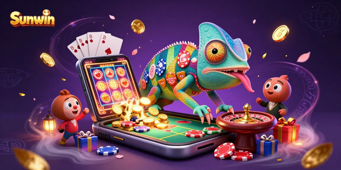 Sunwin casino owner chameleon engaging players with vibrant games and golden coins, illustrating online gambling excitement