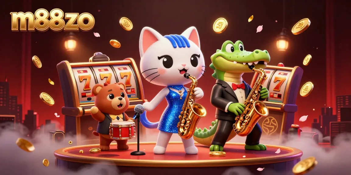 Experience vibrant energy at m88zo casino with cartoon characters performing and lucky elements featured.