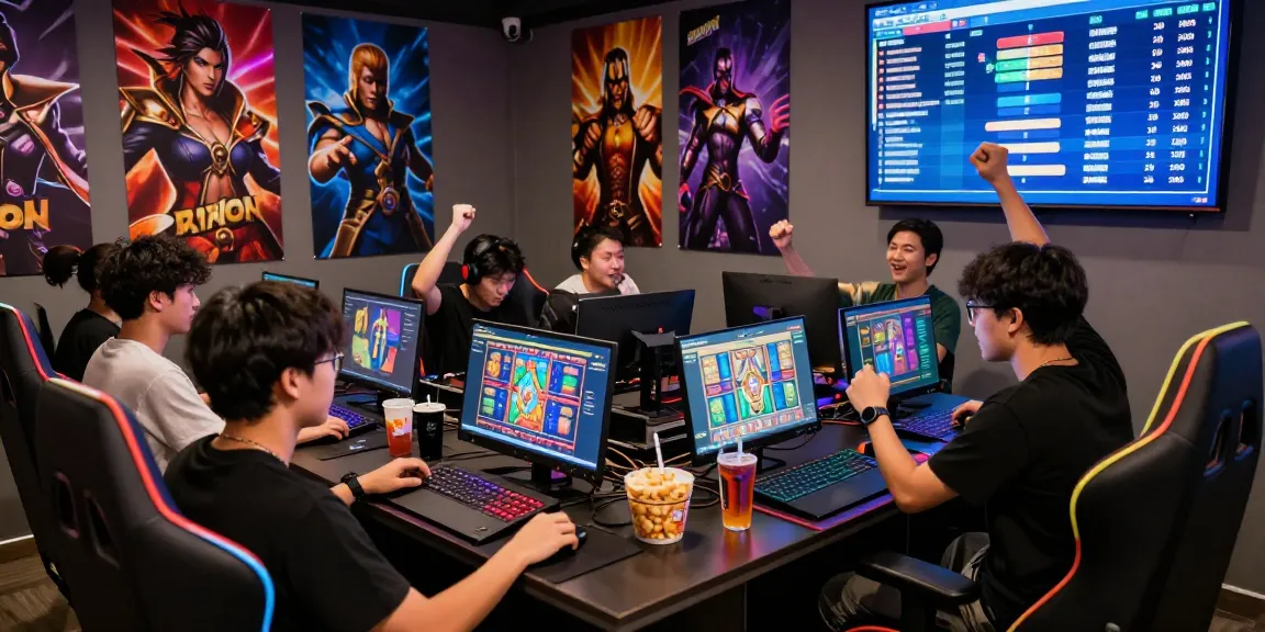Group of gamers enjoying slot online in a lively gaming lounge.