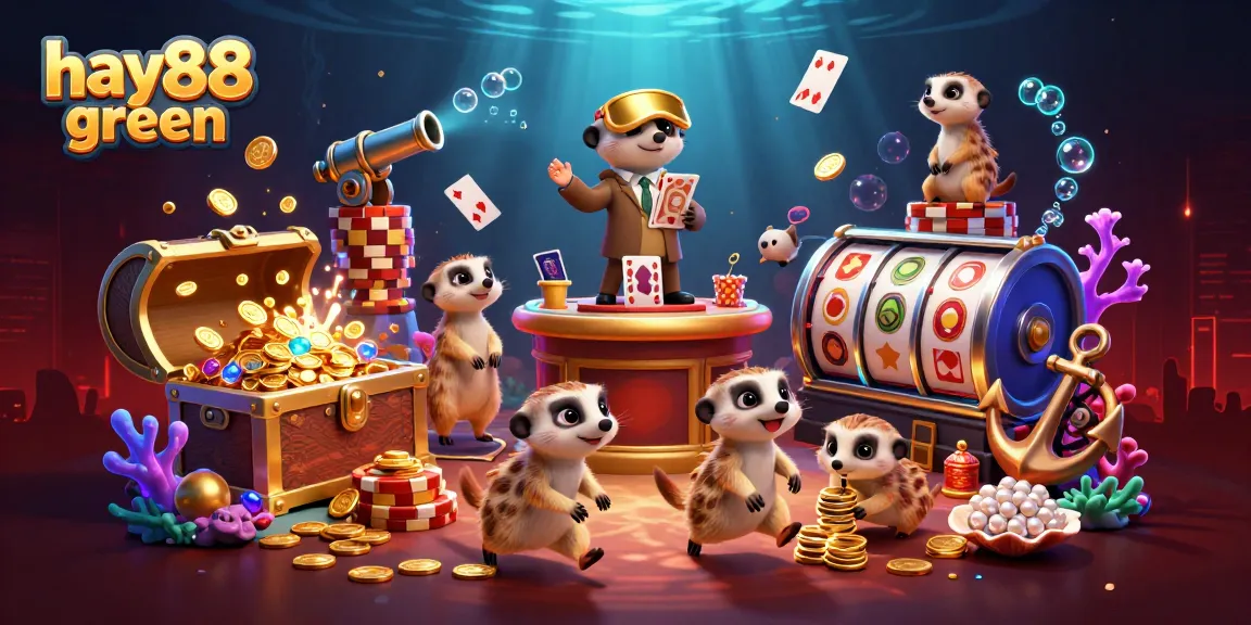 Experience excitement with hay88 green in this vibrant meerkat casino scene filled with treasures and games.