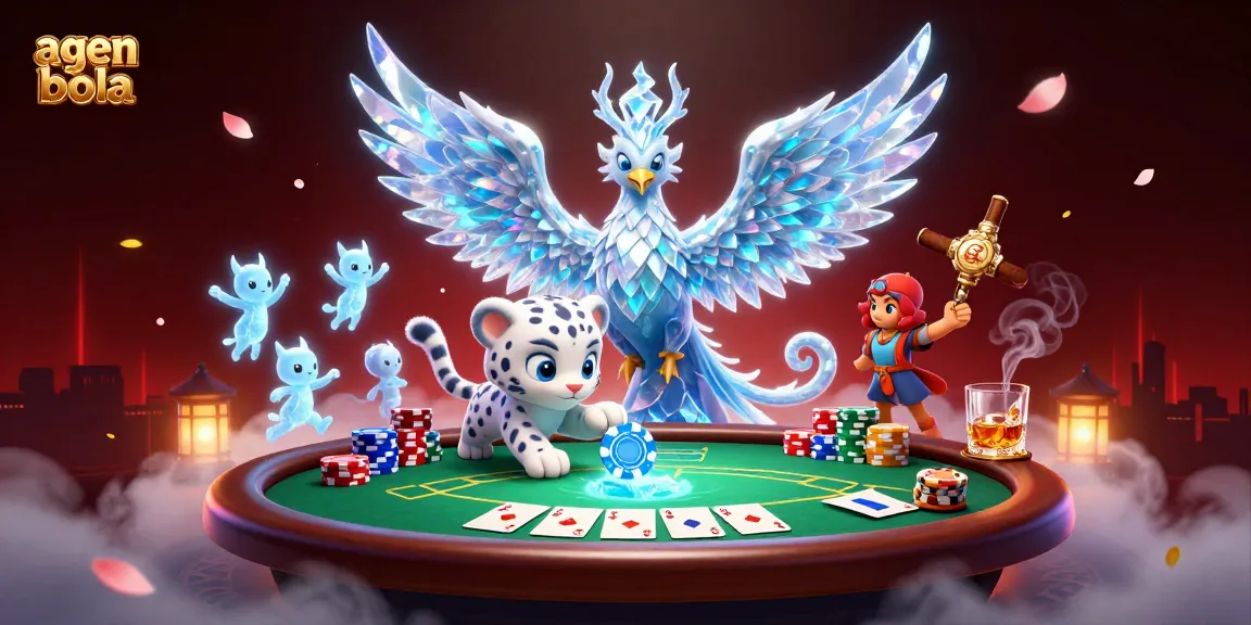 Experience engaging agen bola action with an ice phoenix, snow leopard cub, and vibrant casino elements.