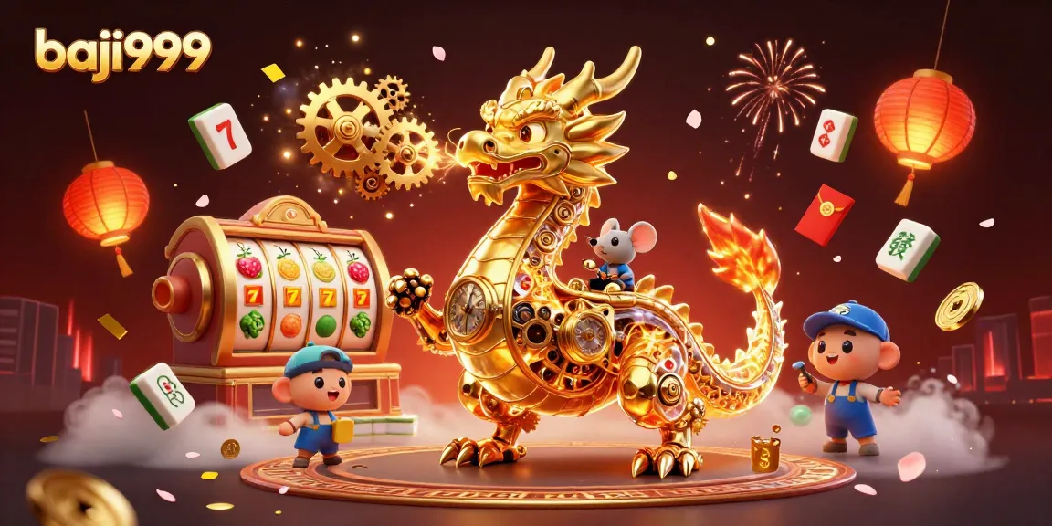 Baji999 showcases a vibrant 3D dragon and slot reels, embodying dynamic gameplay excitement.