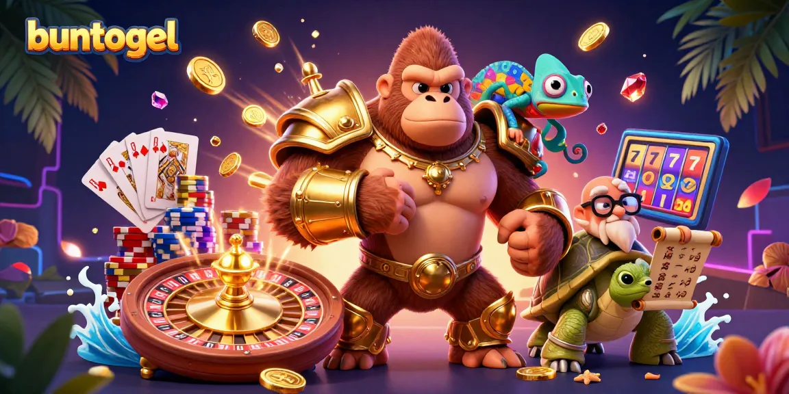 Buntogel's vivid 3D illustration showcases a powerful gorilla in armor, a chameleon, and a wise tortoise in a dynamic casino setting.