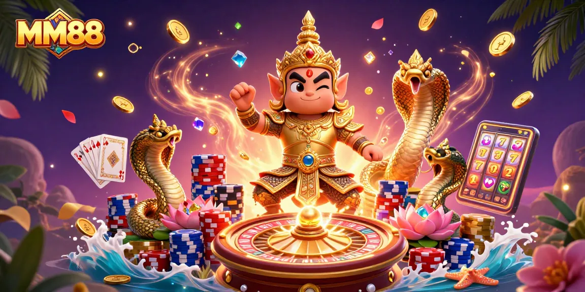 Engage with exciting games at MM88, featuring a vibrant 3D digital casino scene.