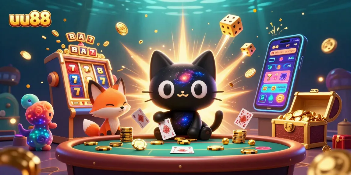 Experience the thrilling uu88 casino world with vibrant slots, golden chips, and cosmic characters.