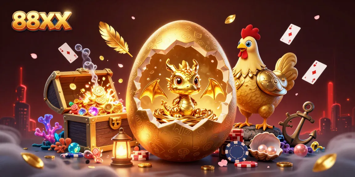 Engage with 88XX's vibrant casino scene featuring a golden baby dragon amid poker chips and treasures.