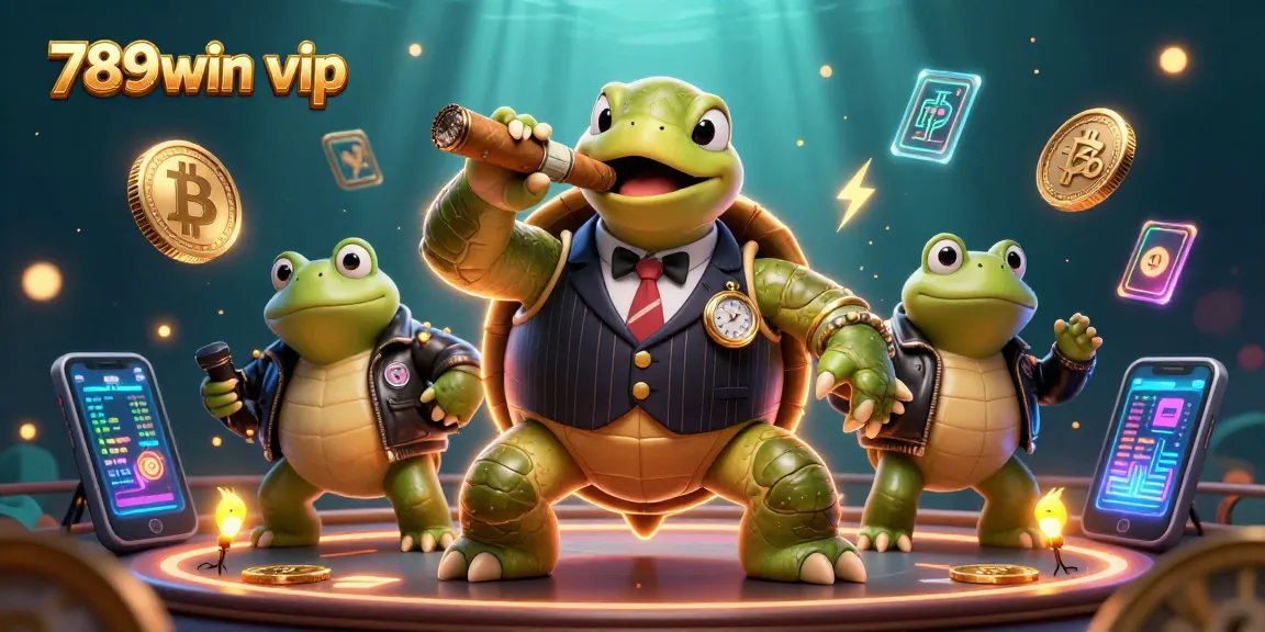 Experience 789win vip through a vibrant casino scene with cartoon characters and crypto elements.