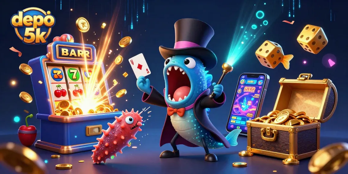 Engaging illustration featuring a gulper eel magician and anglerfish spotlighting a vibrant casino scene for depo 5k slots.